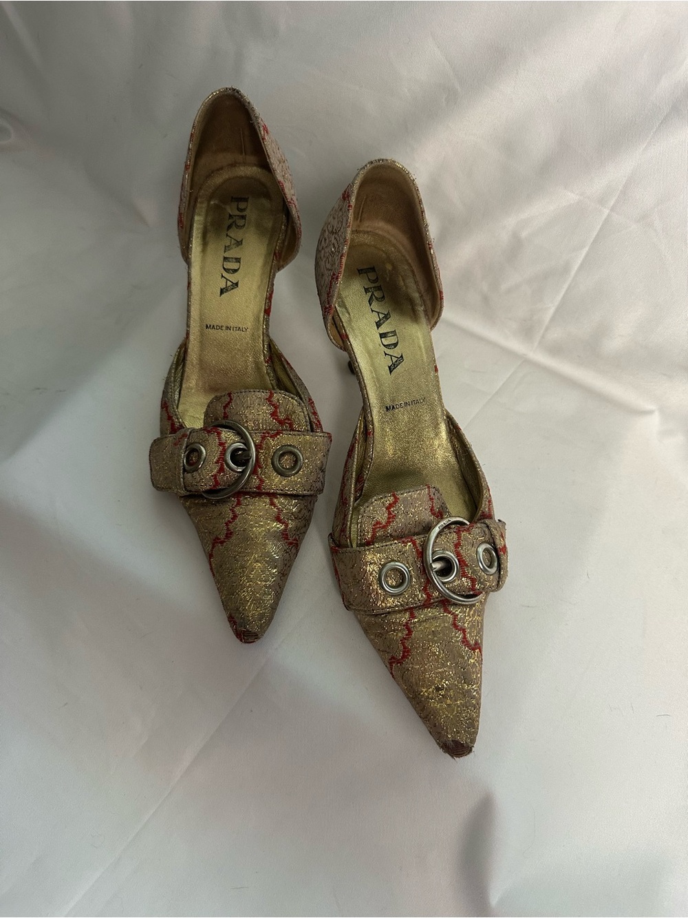 Prada Metallic Gold Pointed D'Orsay Pumps with Red Accents